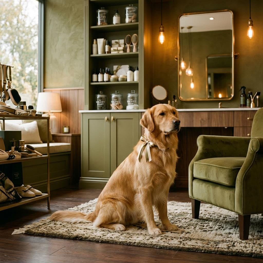 Golden retriever with a ribbon sitting in a pet grooming salon